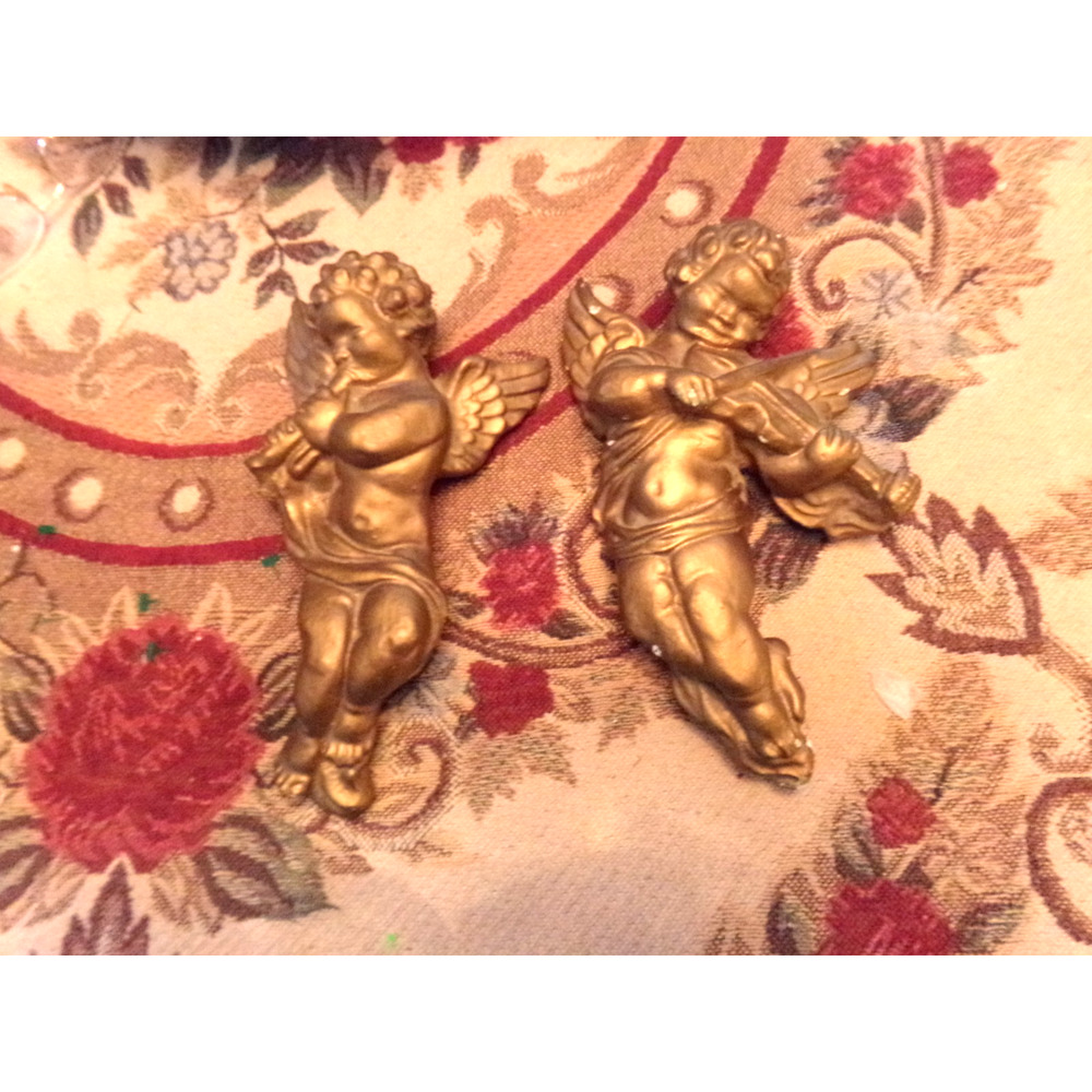 VINTAGE ANGELS CHERUBS WALL PLAQUES (2) GOLD CERAMIC/CHALK - Picture 4 of 8